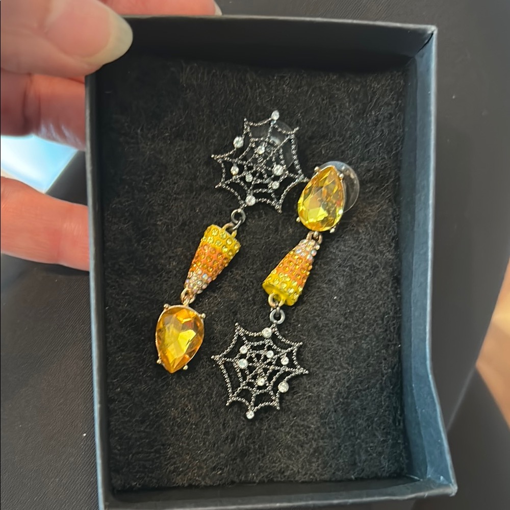 Betsey Johnson Halloween candy corn and spider web Earrings. Never worn.